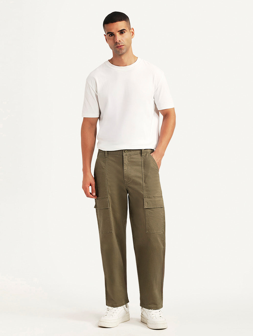 Men's Olive Straight Fit Mid Rise Commuter Cargos - Front View