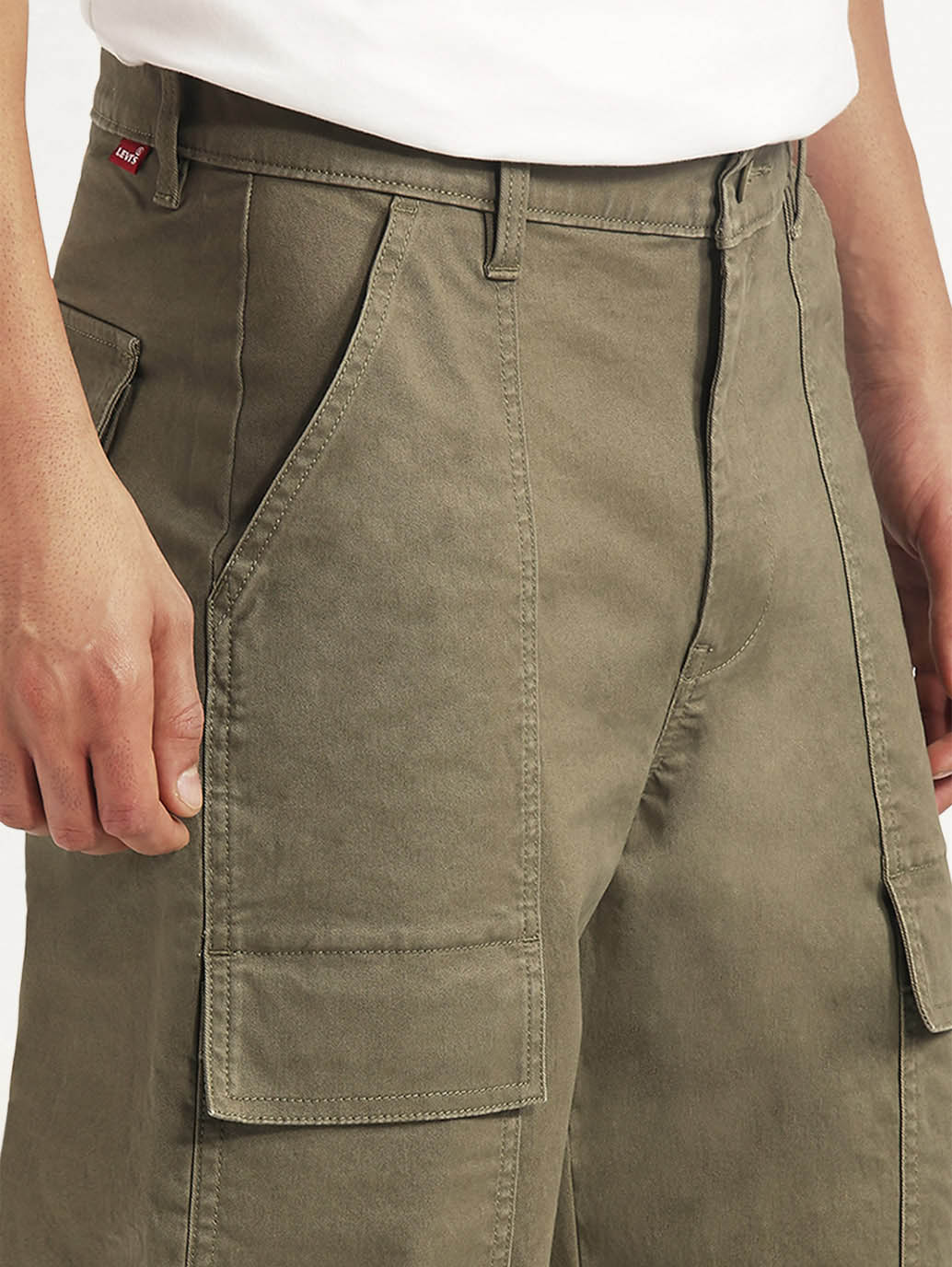 Men's Olive Straight Fit Mid Rise Commuter Cargos - Detail View