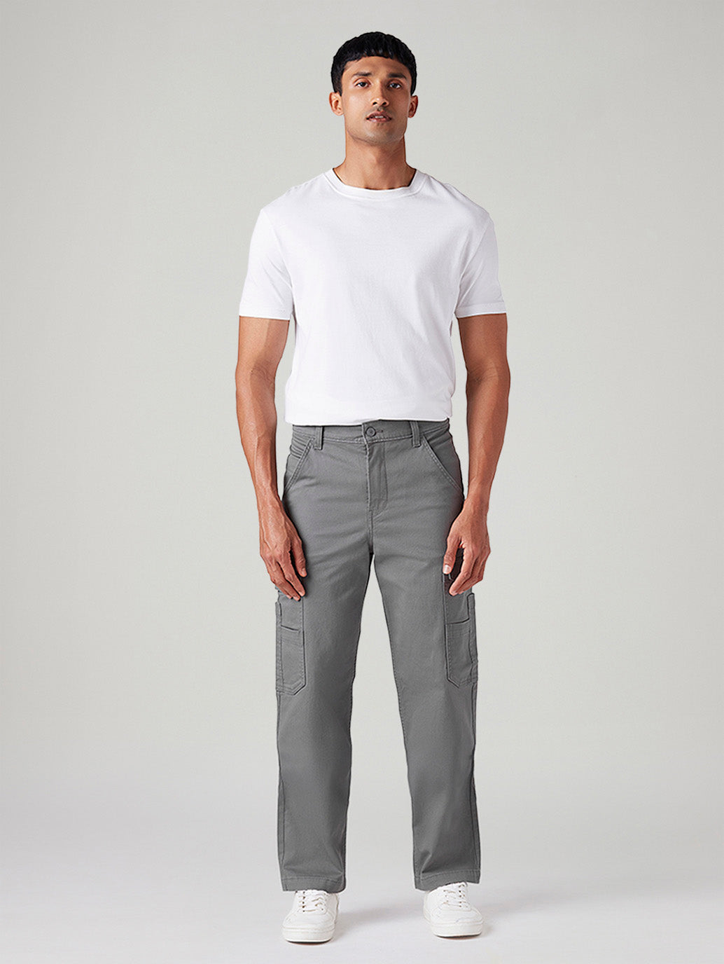 Men's Grey Straight Fit Mid Rise Commuter Cargos - Front View