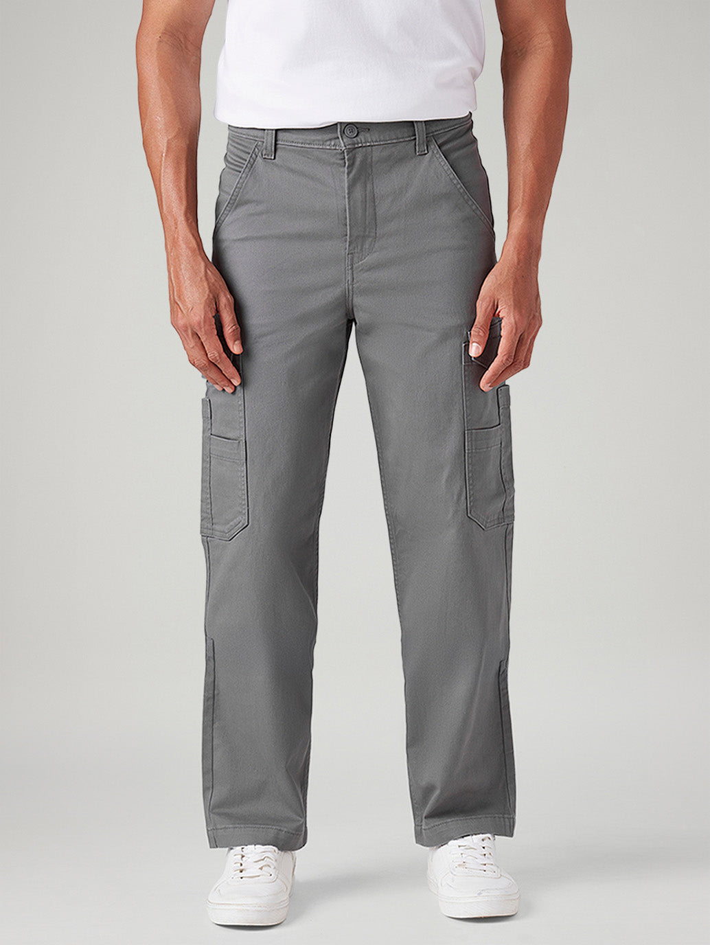 Men's Grey Straight Fit Mid Rise Commuter Cargos - Front View