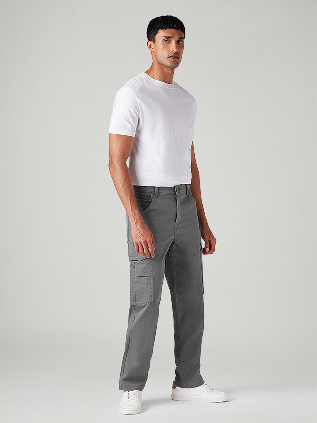 Men's Grey Straight Fit Mid Rise Commuter Cargos - Side View