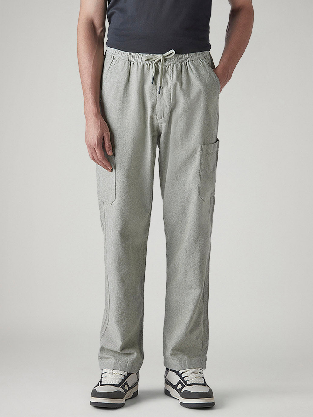 Men's Olive Relaxed Tapered Fit Mid Rise Linen Cargos - 3b8b1c51-ff19-4b0d-bcb1-6b7c09052a23 View
