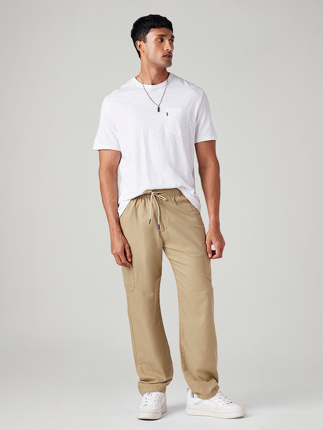 Men's Khaki Relaxed Tapered Fit Mid Rise Linen Cargos - Front View