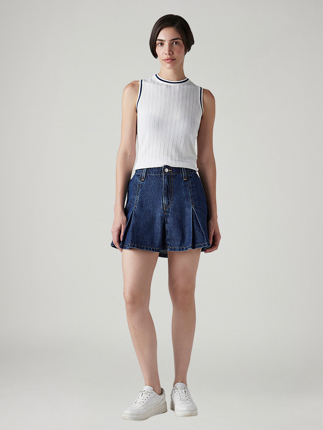 Women's Dark Indigo Regular Fit Mid Rise Pleated Mini Skirt - Front View