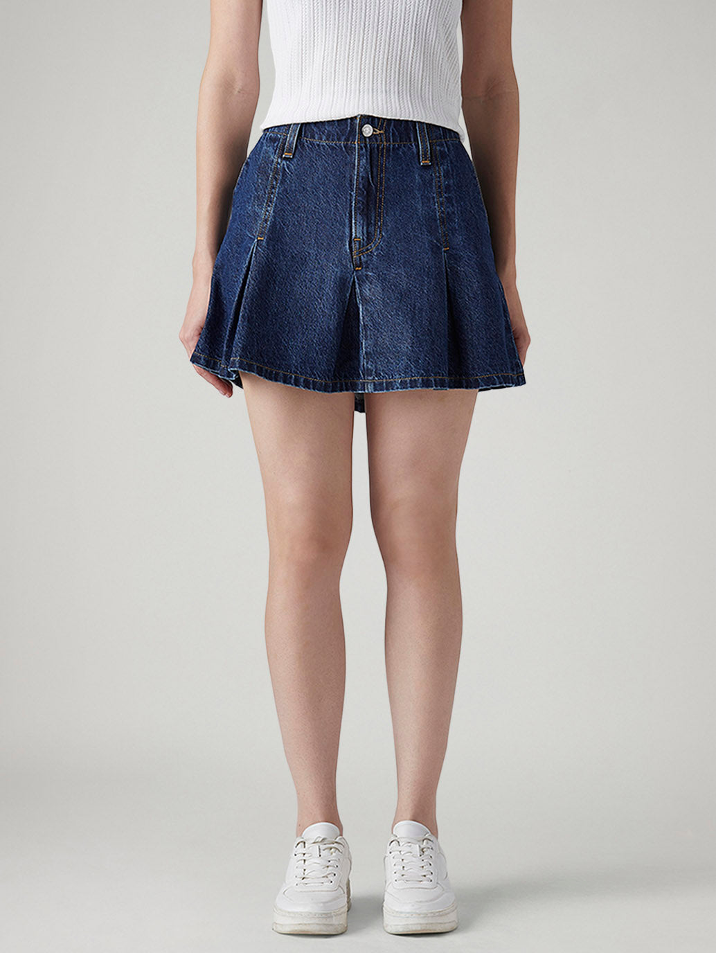 Women's Dark Indigo Regular Fit Mid Rise Pleated Mini Skirt - Front View