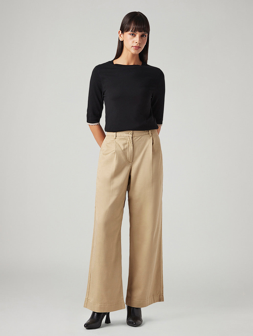Women's Beige XL Straight Loose Fit Mid Rise Trouser - Front View