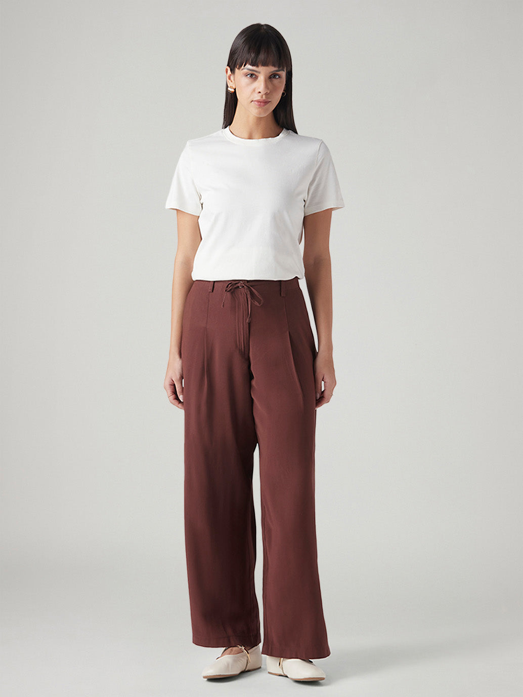 Women's XL Straight Loose Fit Mid Rise Trousers - Front View