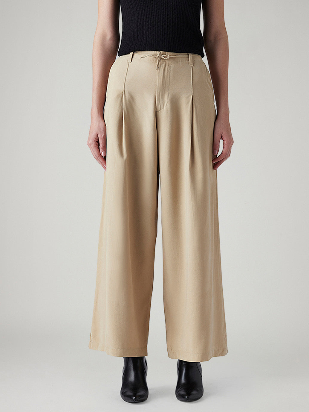 Women's Beige XL Straight Loose Fit Mid Rise Trousers - Front View