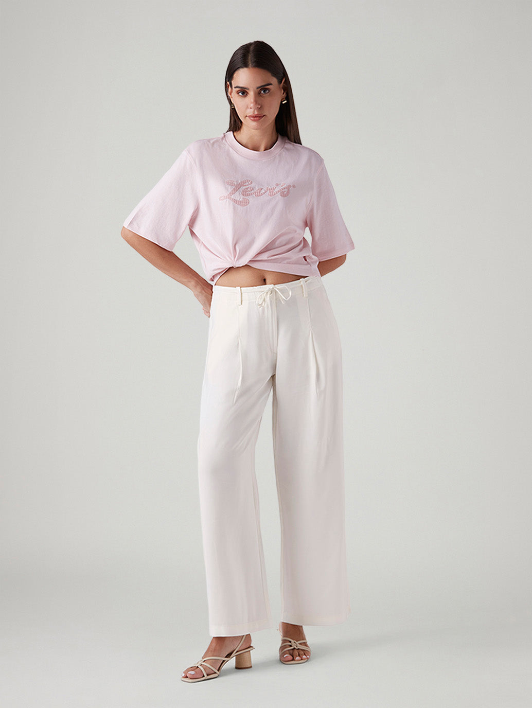 Women's Off White XL Straight Loose Fit Mid Rise Trousers - Styleshot View