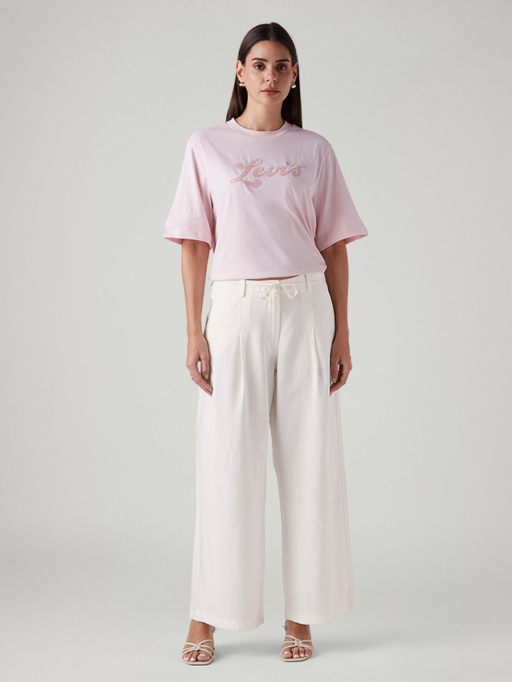 Women's Off White XL Straight Loose Fit Mid Rise Trousers - Front View