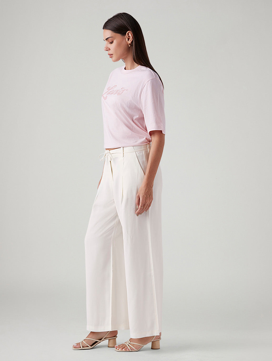 Women's Off White XL Straight Loose Fit Mid Rise Trousers - Side View