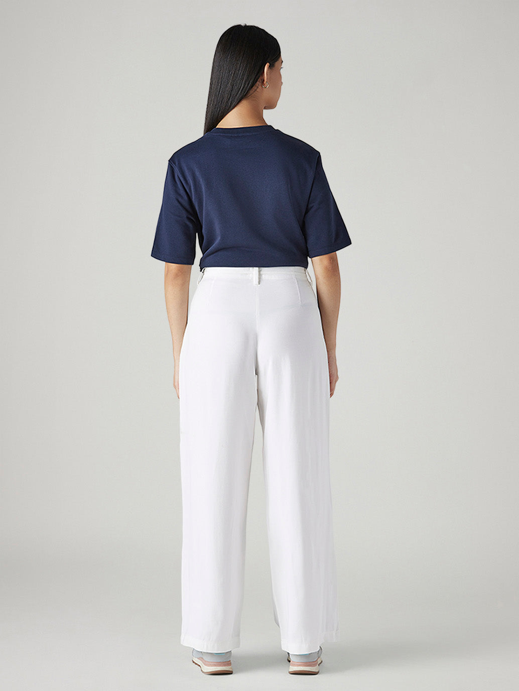 Women's White XL Straight Loose Fit Mid Rise Trousers - Back View
