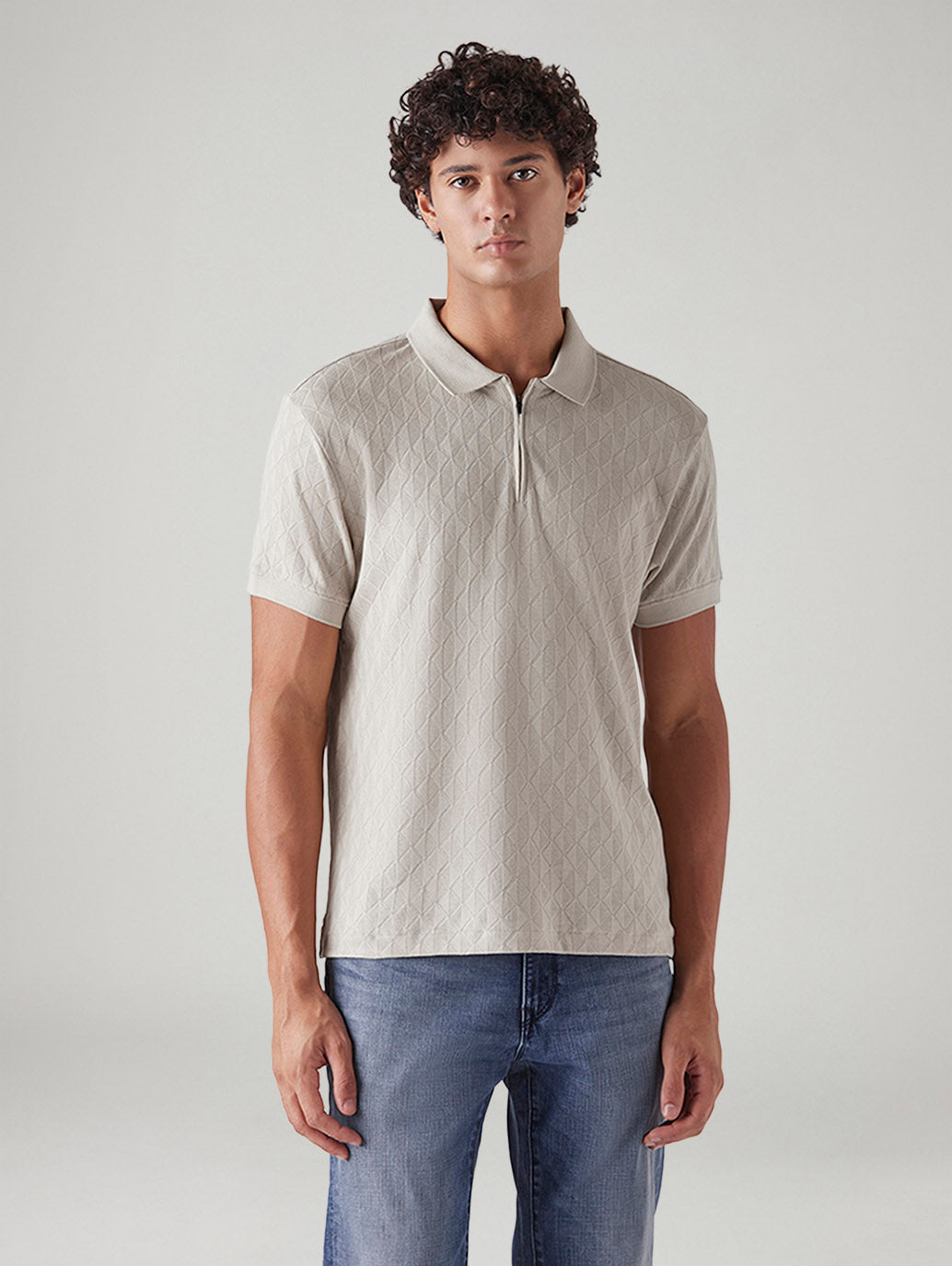 Men's Self Design Slim Fit Polo T-Shirt - Front View