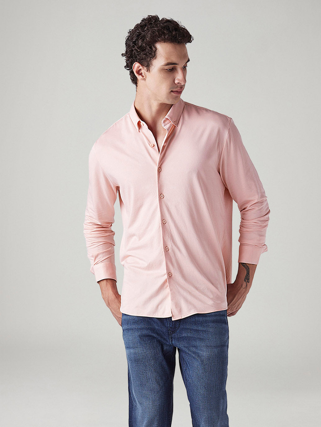 Men's Solid Light Pink Slim Fit Textured Shirt
