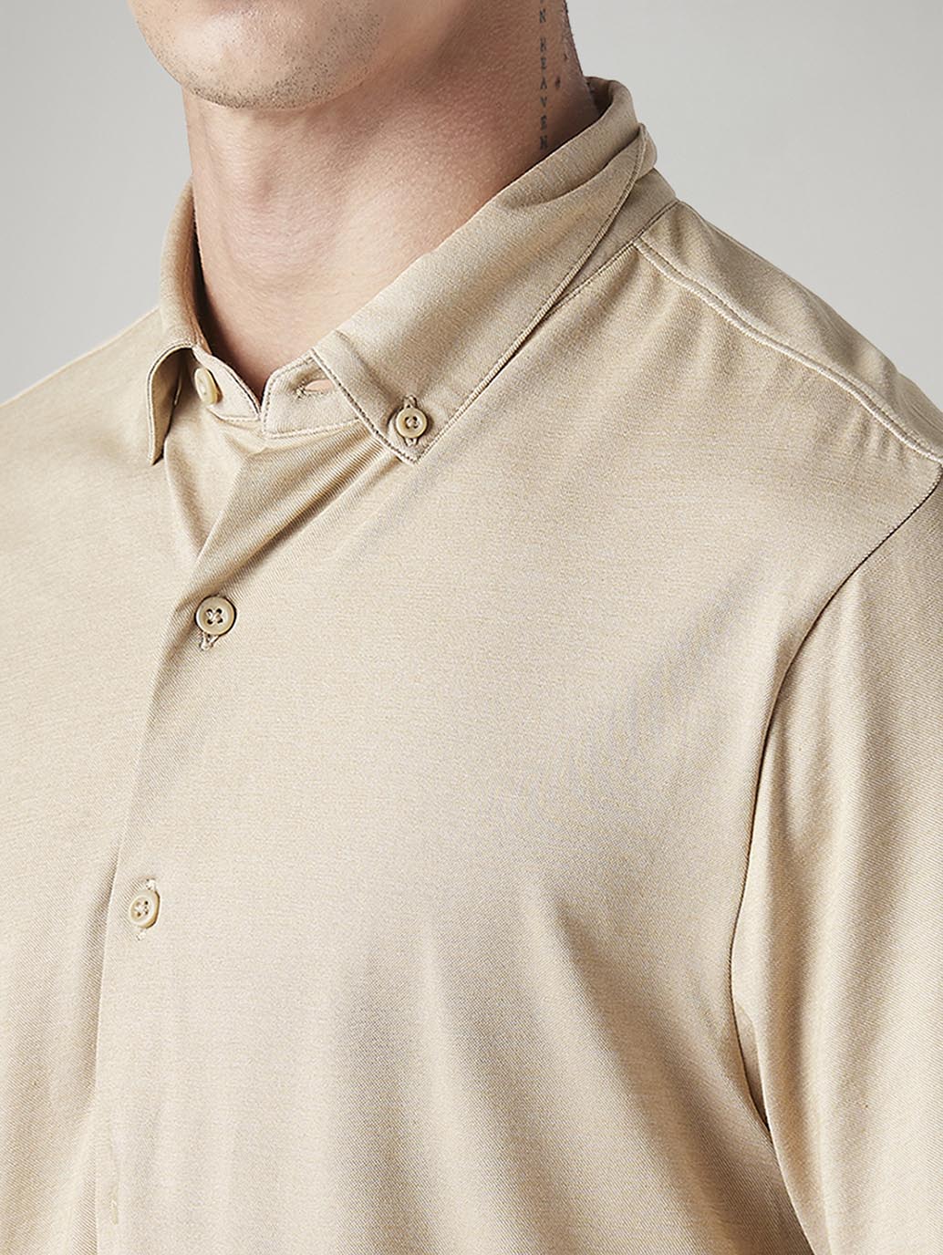 Men's Solid Beige Slim Fit Textured Shirt - Detail View