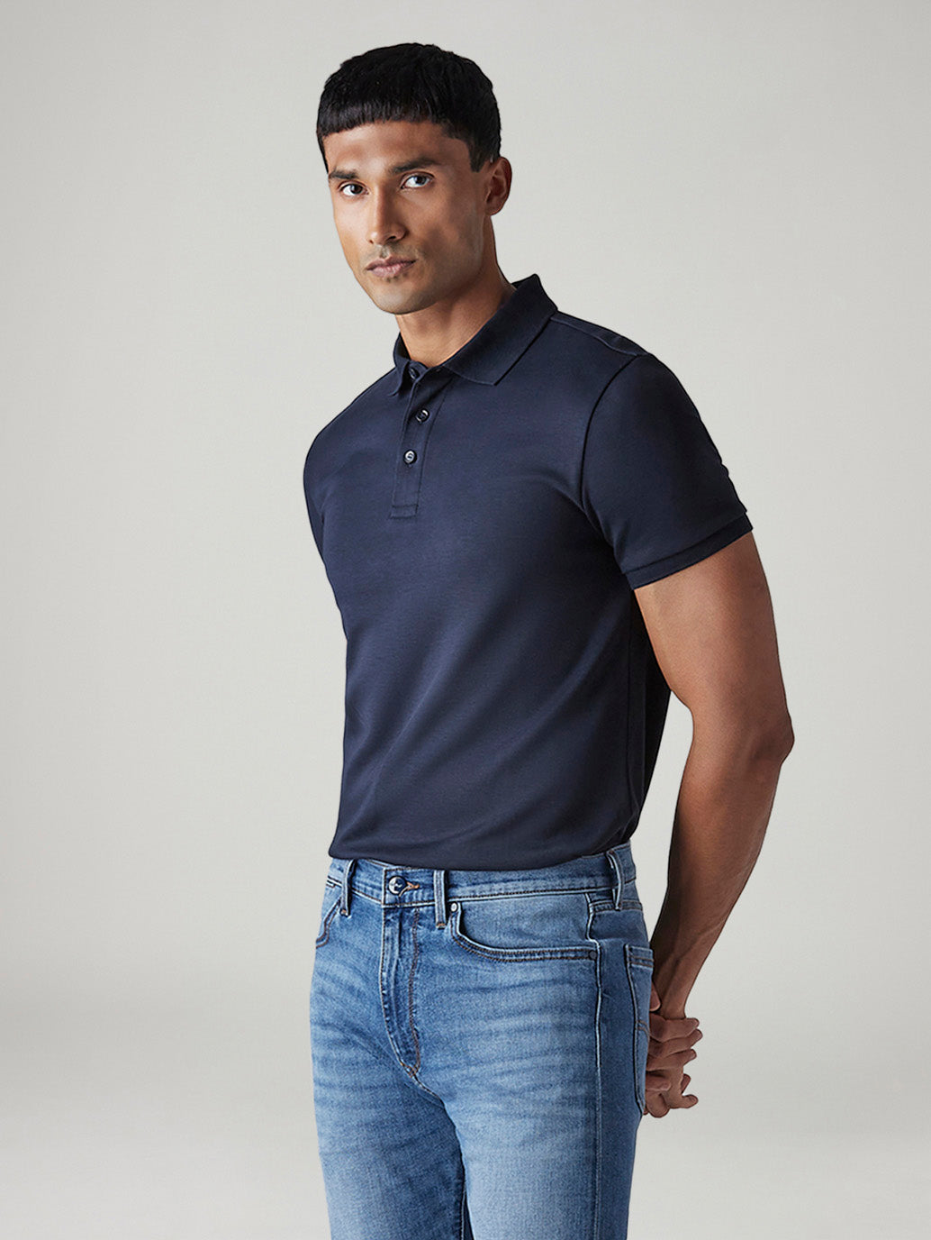 Men's Redloop Solid Navy Slim Fit Interlock Polo T-shirt