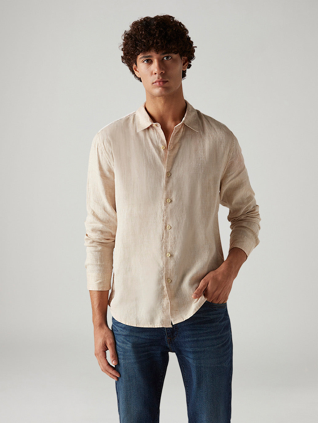 Men's Textured Beige Slim Fit Linen Shirt