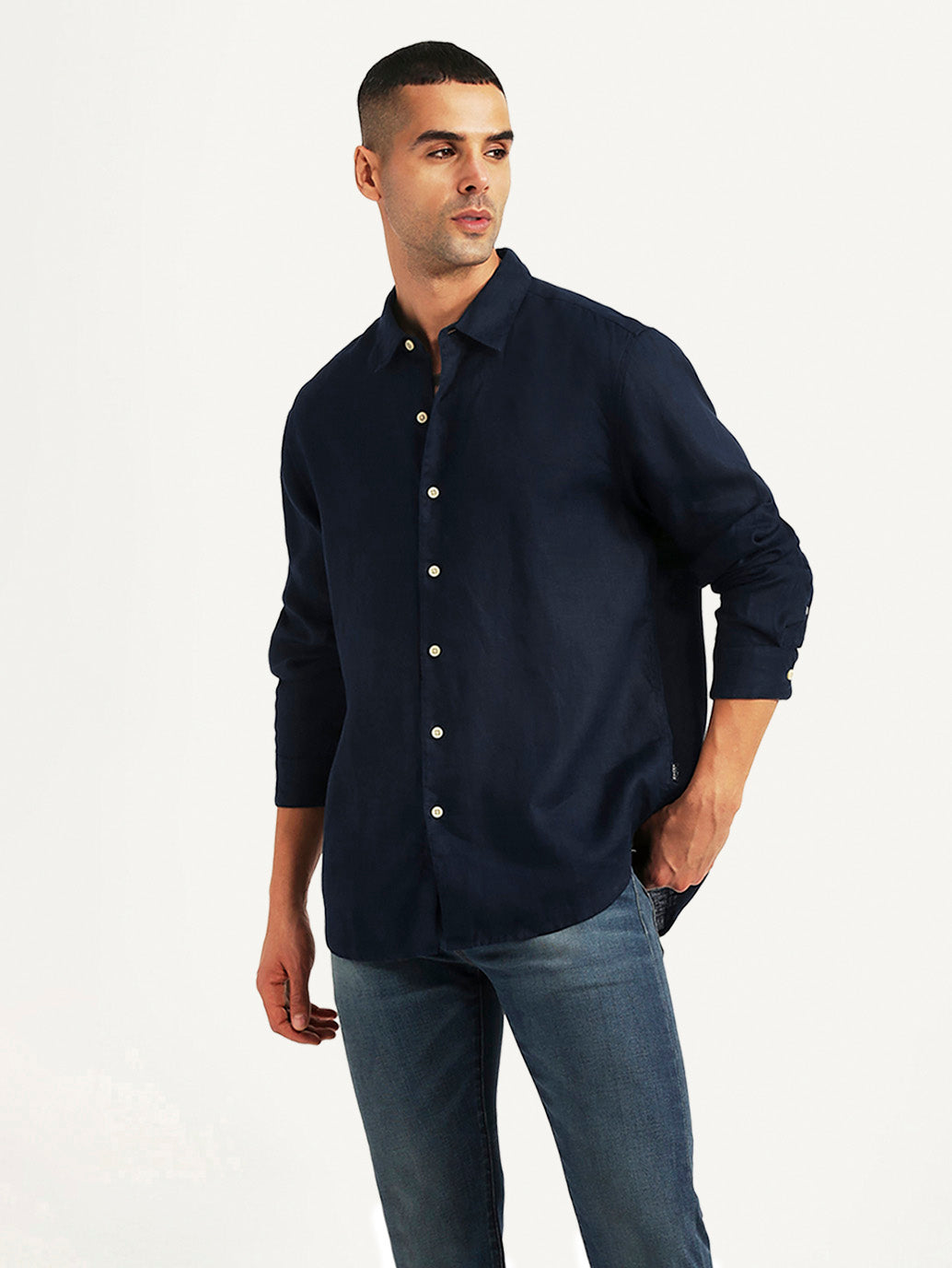 Men's Solid Navy Slim Fit Linen Shirt - Styleshot View