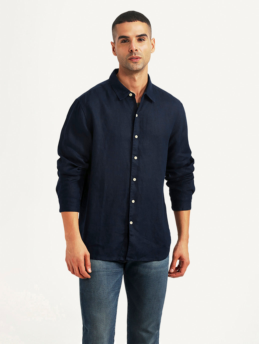 Men's Solid Navy Slim Fit Linen Shirt - Front View