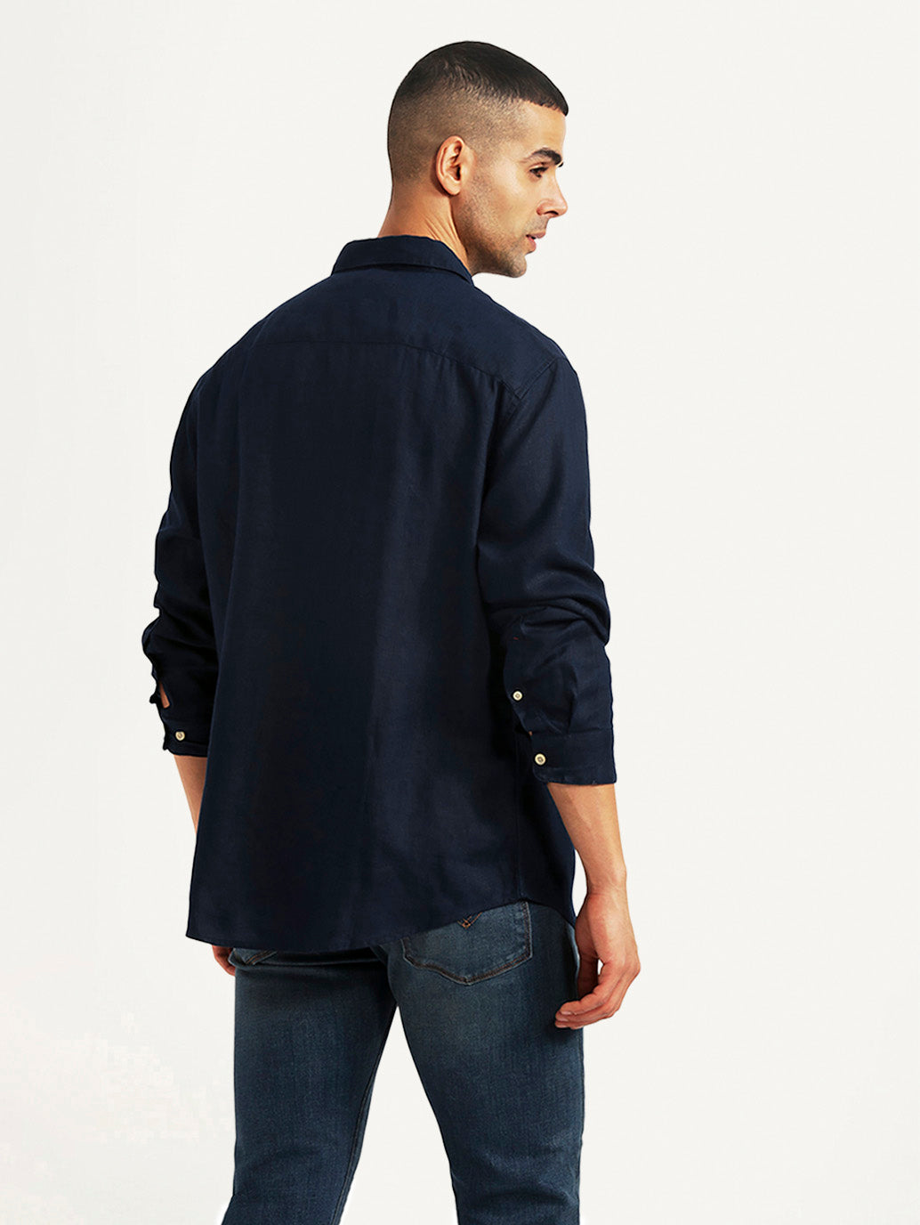 Men's Solid Navy Slim Fit Linen Shirt - Back View