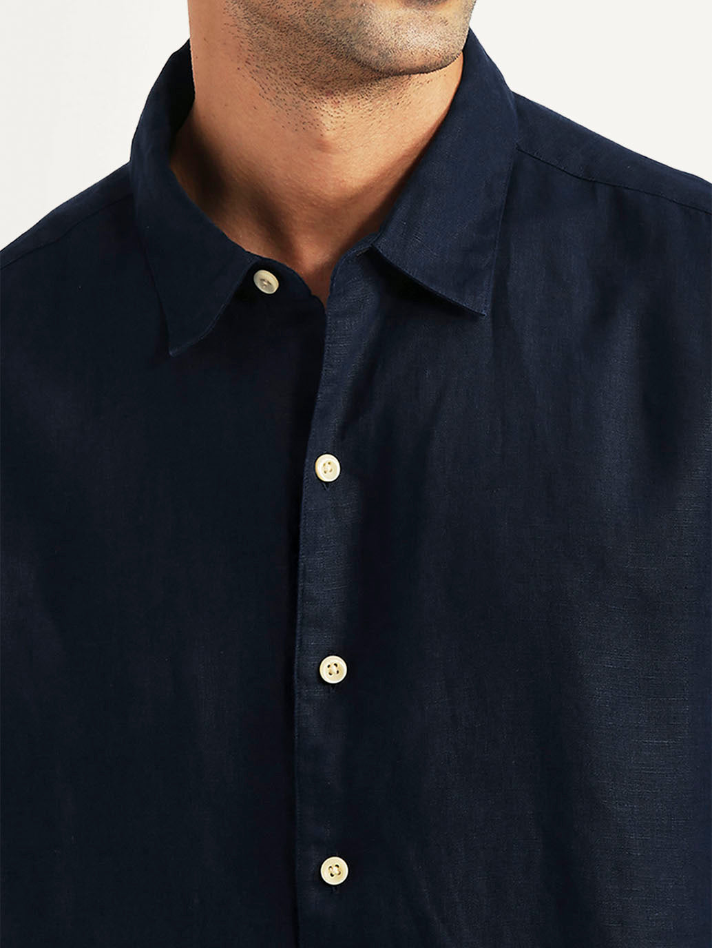 Men's Solid Navy Slim Fit Linen Shirt - Detail View