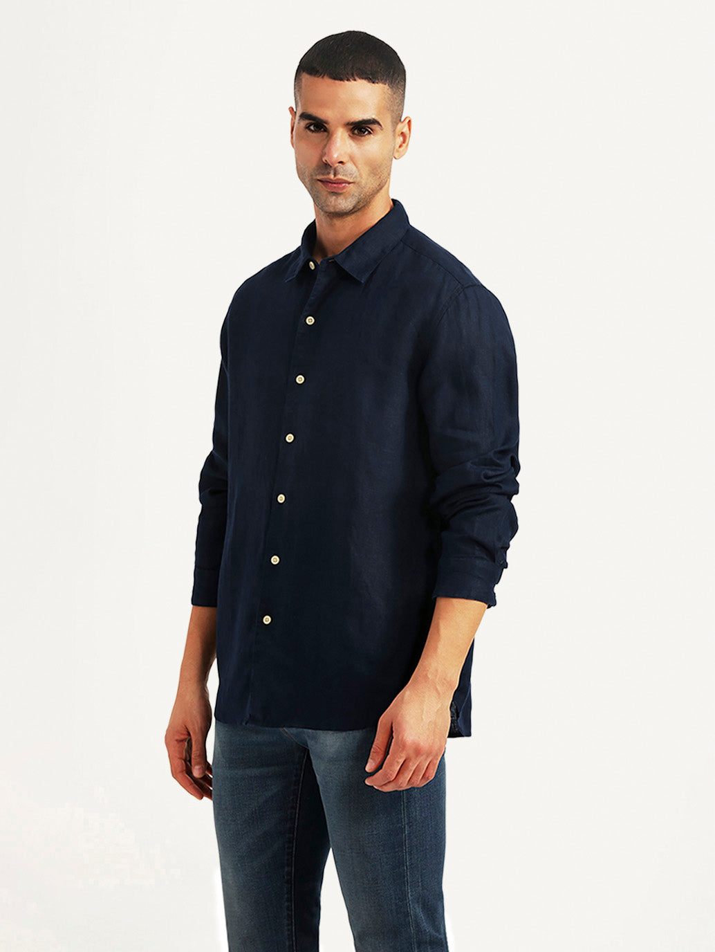 Men's Solid Navy Slim Fit Linen Shirt - Side View
