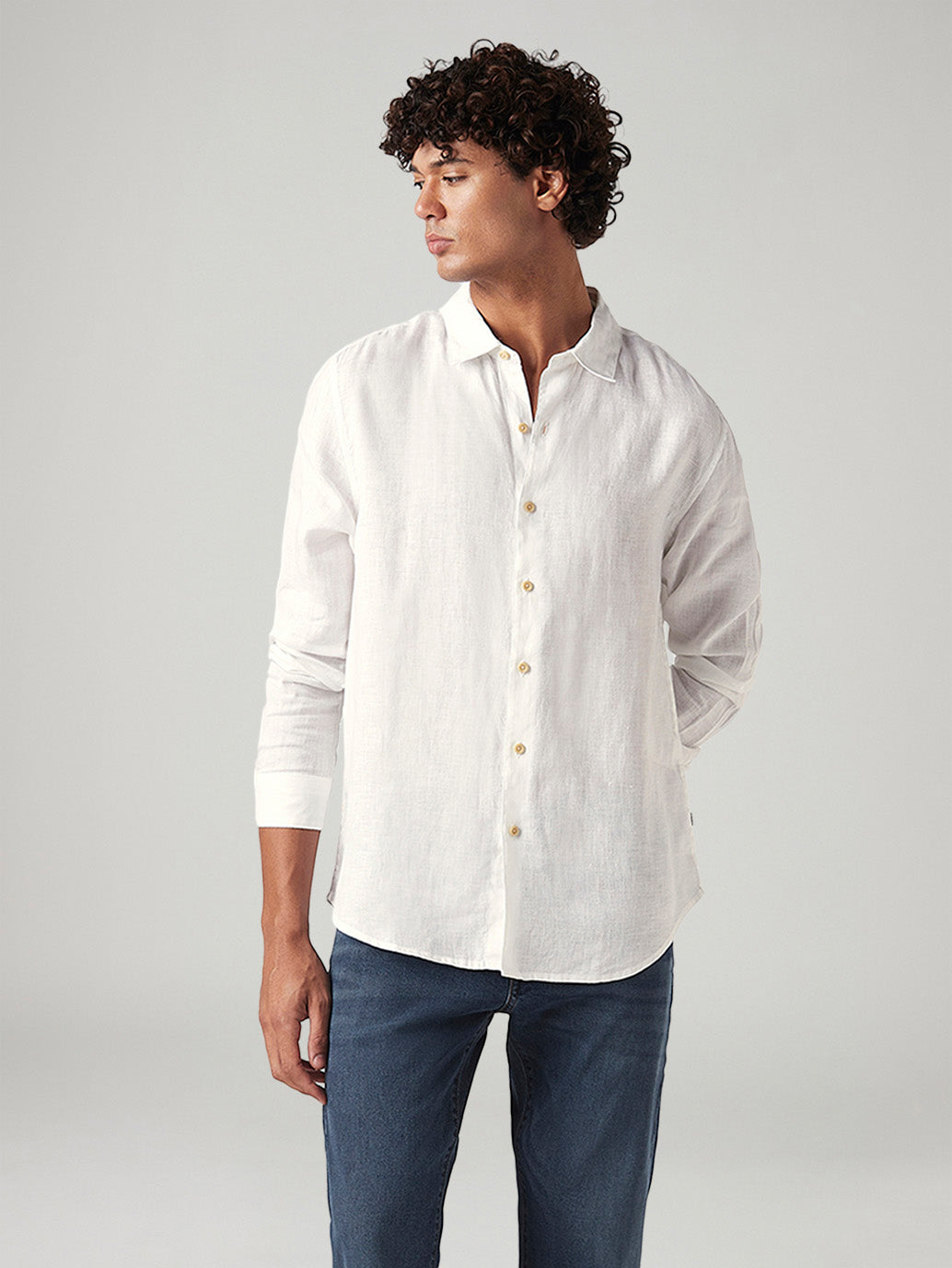 Men's Solid White Slim Fit Linen Shirt