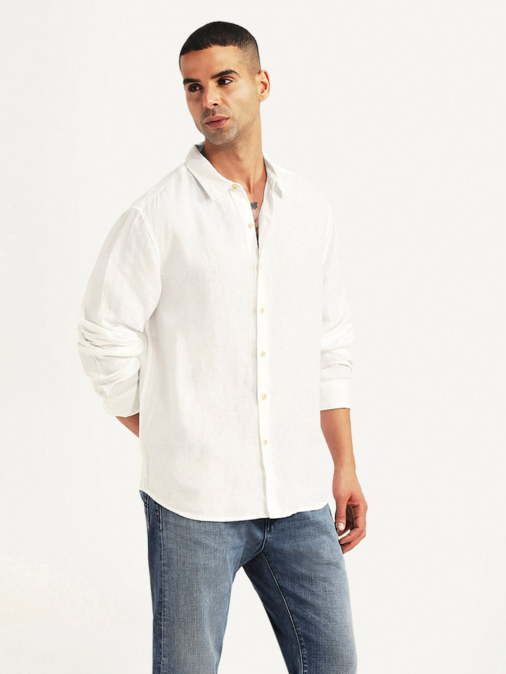 Men's Solid White Slim Fit Linen Shirt - c298105d-bd1a-45a0-91c3-1b840191933a View