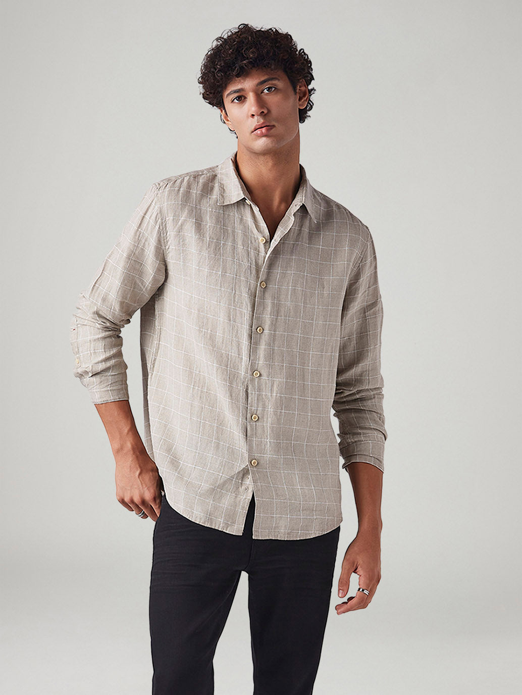 Men's Checkered Slim Fit Linen Shirt - Styleshot View