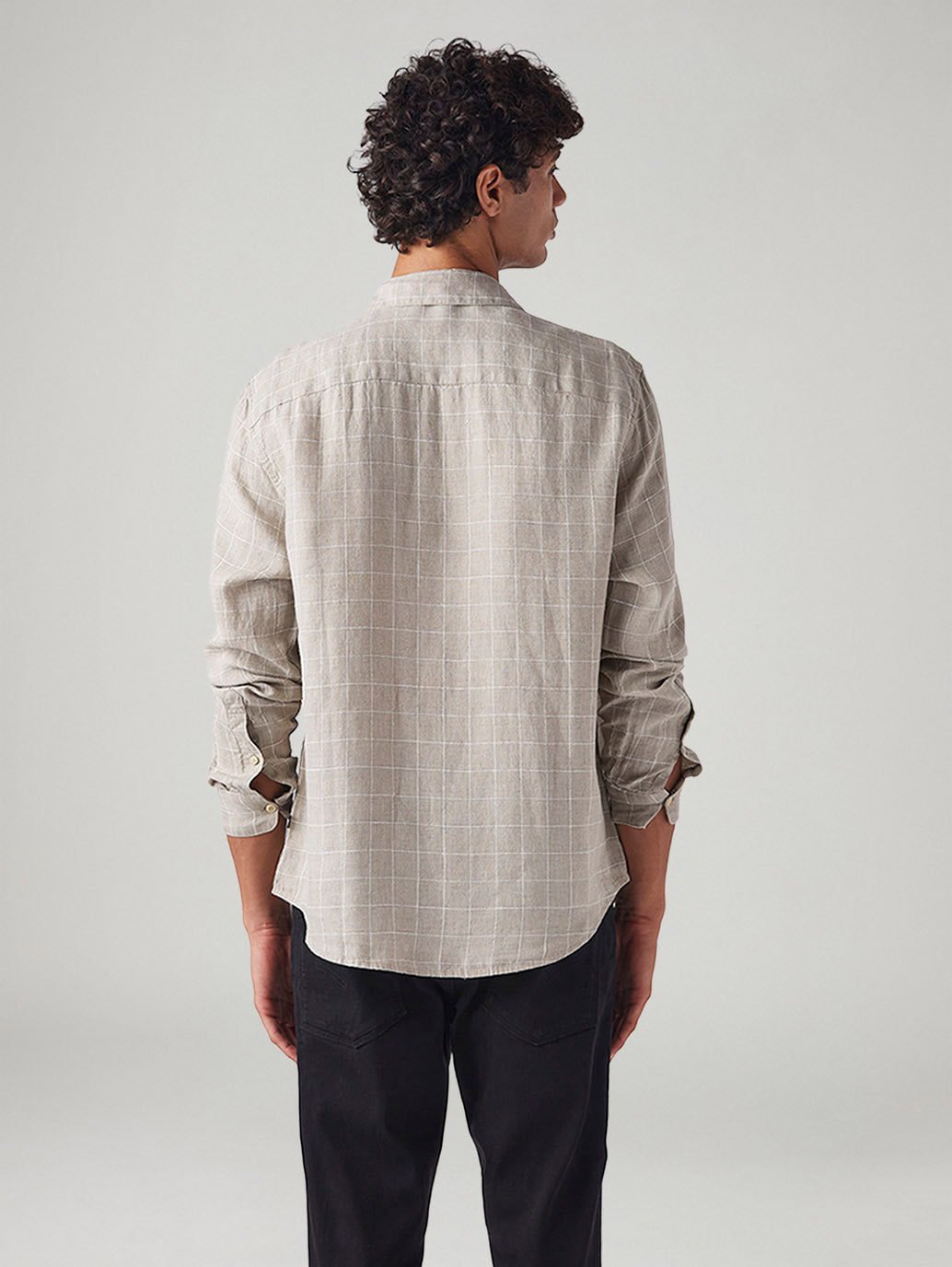 Men's Checkered Slim Fit Linen Shirt - Back View