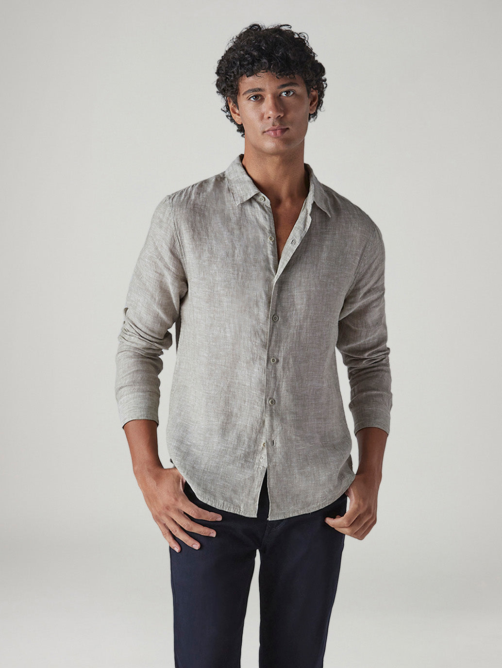 Men's Redloop Light Grey Solid Slim Fit Linen Shirt