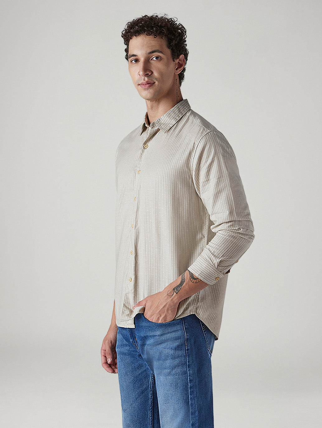 Men's Redloop Striped Slim Fit Linen Shirt - Side View