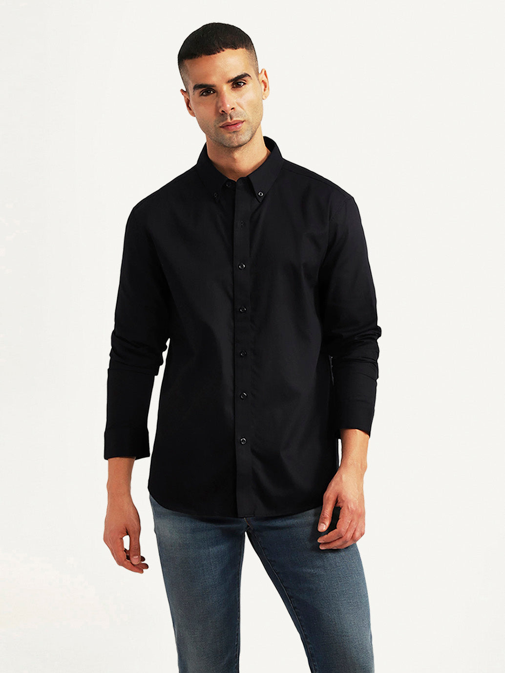 Men's Textured Black Slim Fit Shirt - Styleshot View
