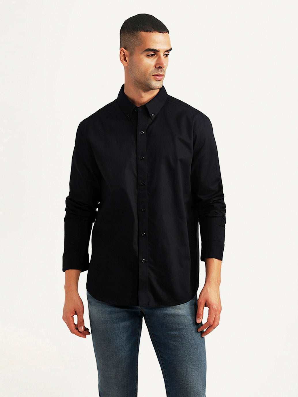 Men's Textured Black Slim Fit Shirt - Front View