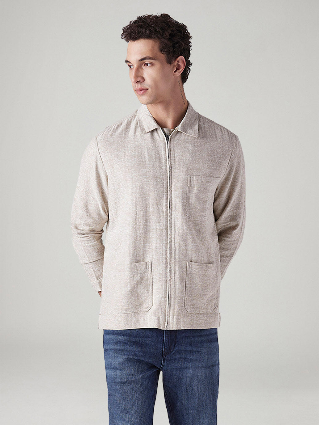 Men's Self Design Beige Linen Jackets - Front View