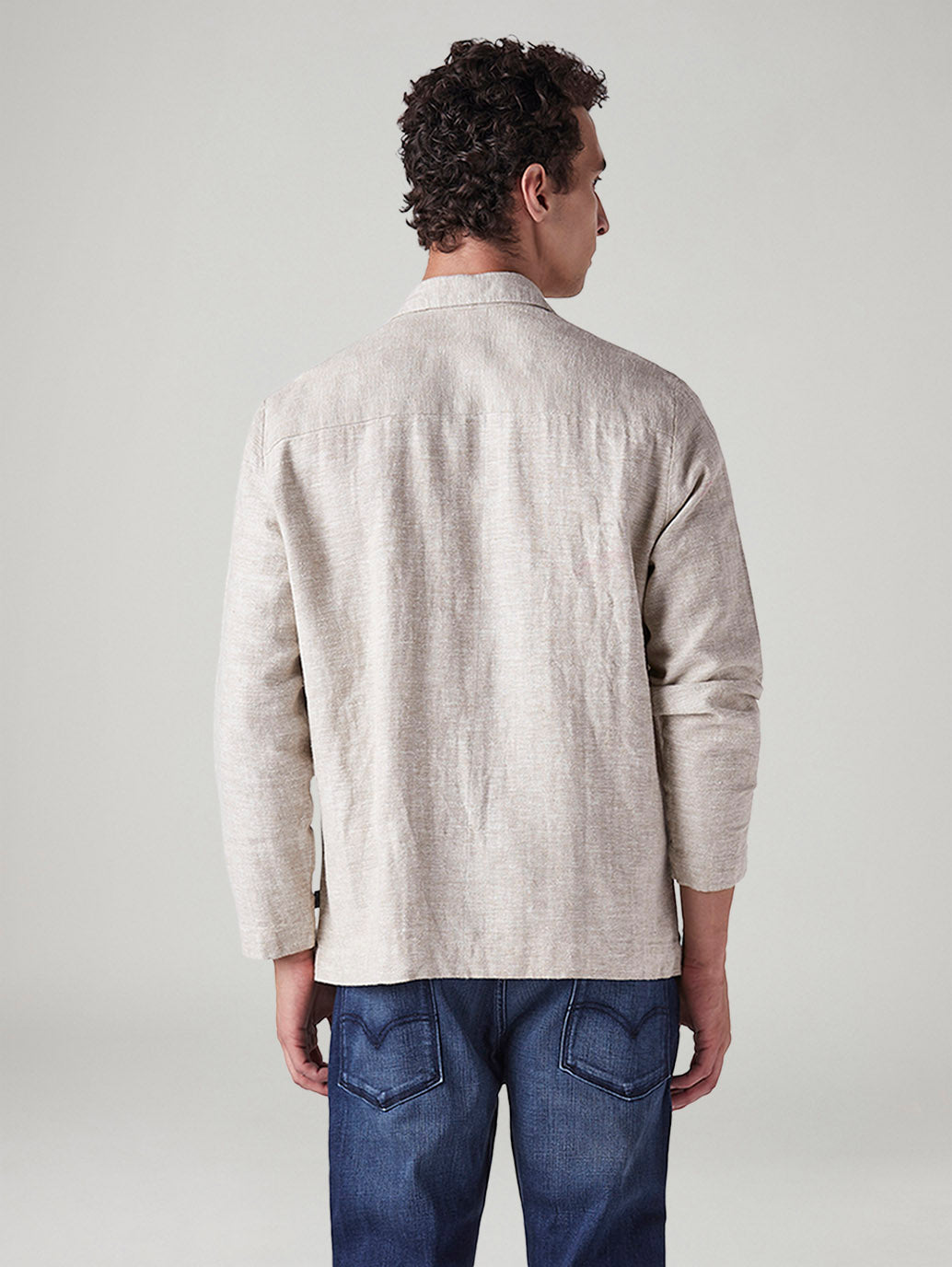 Men's Self Design Beige Linen Jackets - Back View