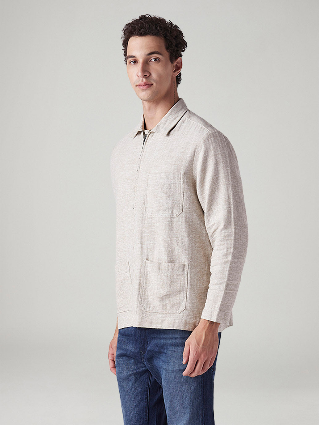 Men's Self Design Beige Linen Jackets - Side View