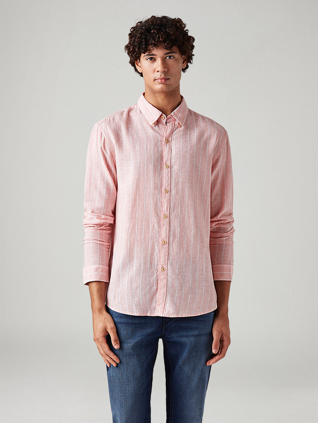 Men's Striped Slim Fit Linen Shirt - Front View