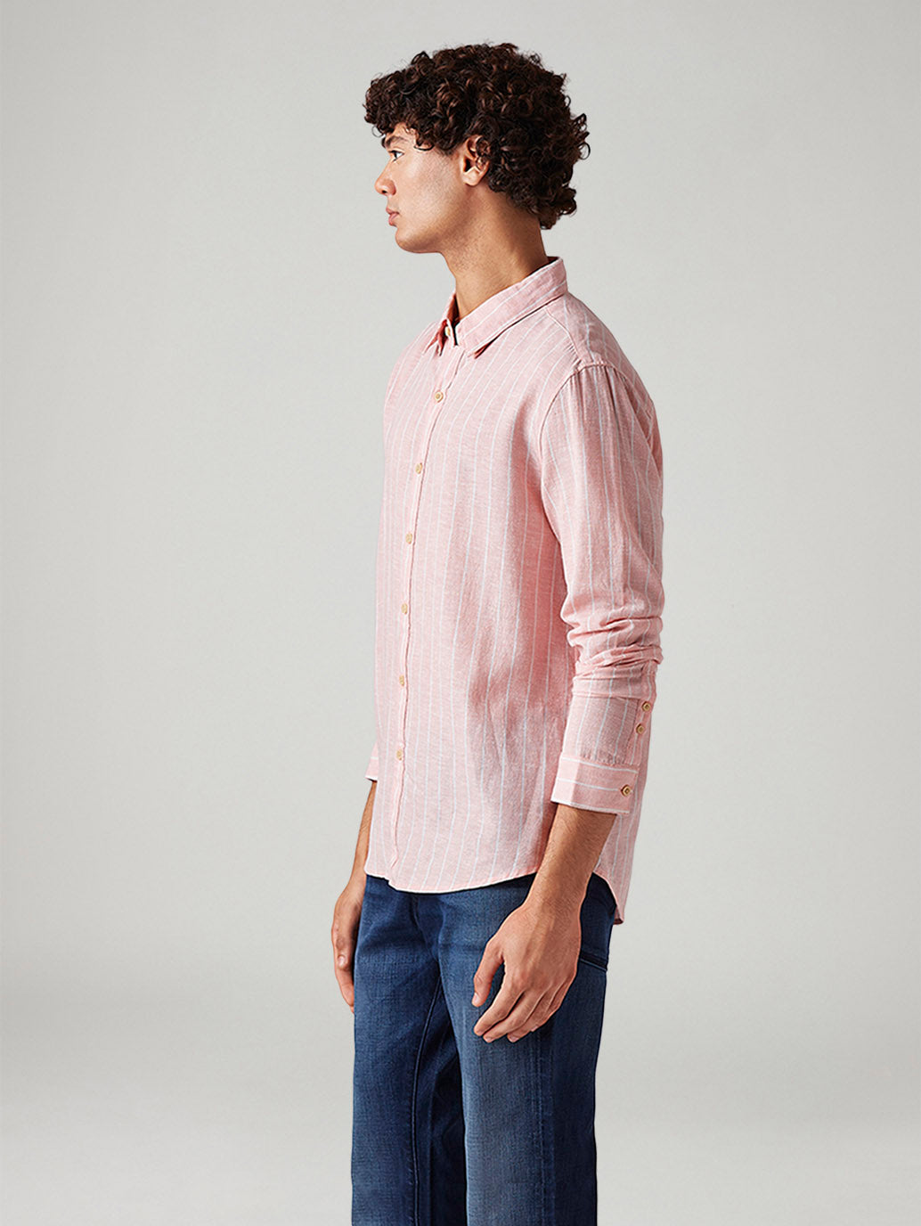 Men's Striped Slim Fit Linen Shirt - Side View