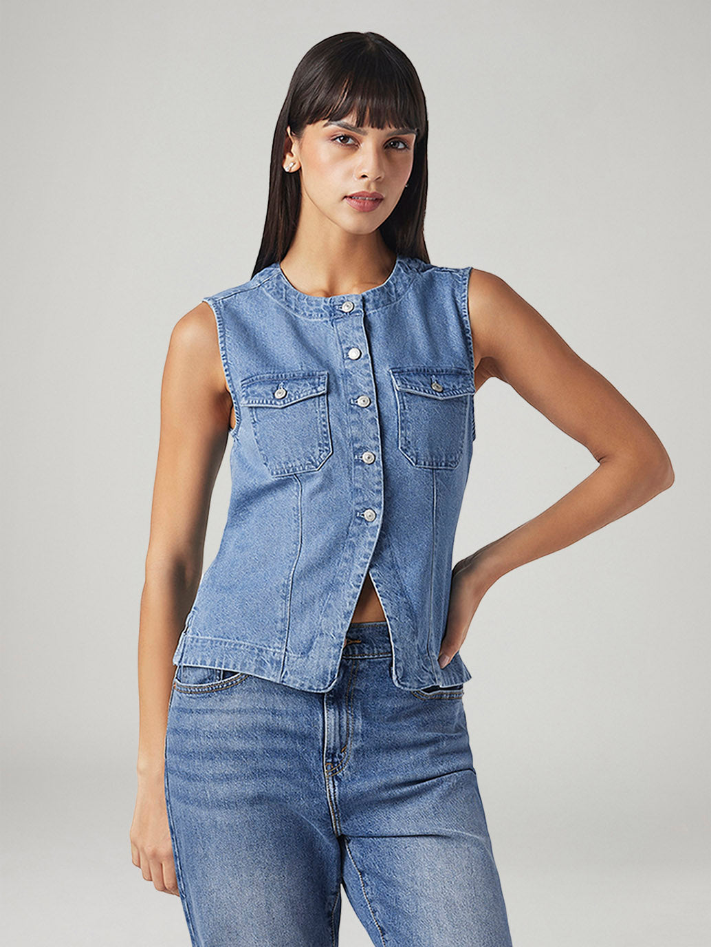 Women's Solid Regular Fit Denim Top - Styleshot View