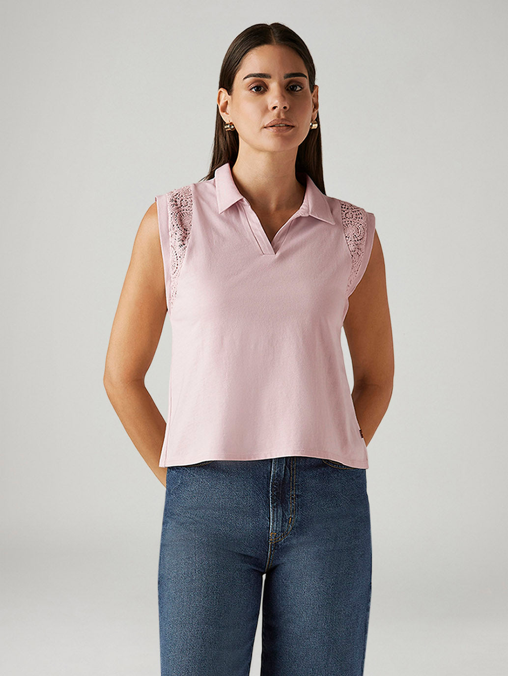 Women's Lace Light Pink Collar Neck Top - Front View
