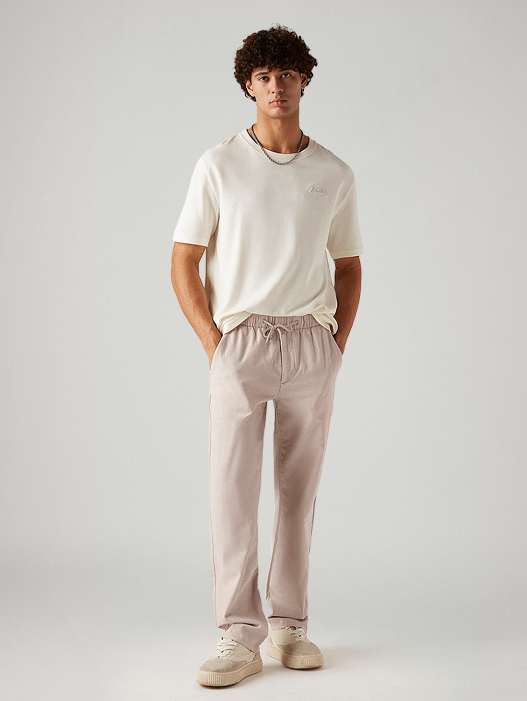 Men's Light Pink Loose Straight Fit Mid Rise Linen Chinos