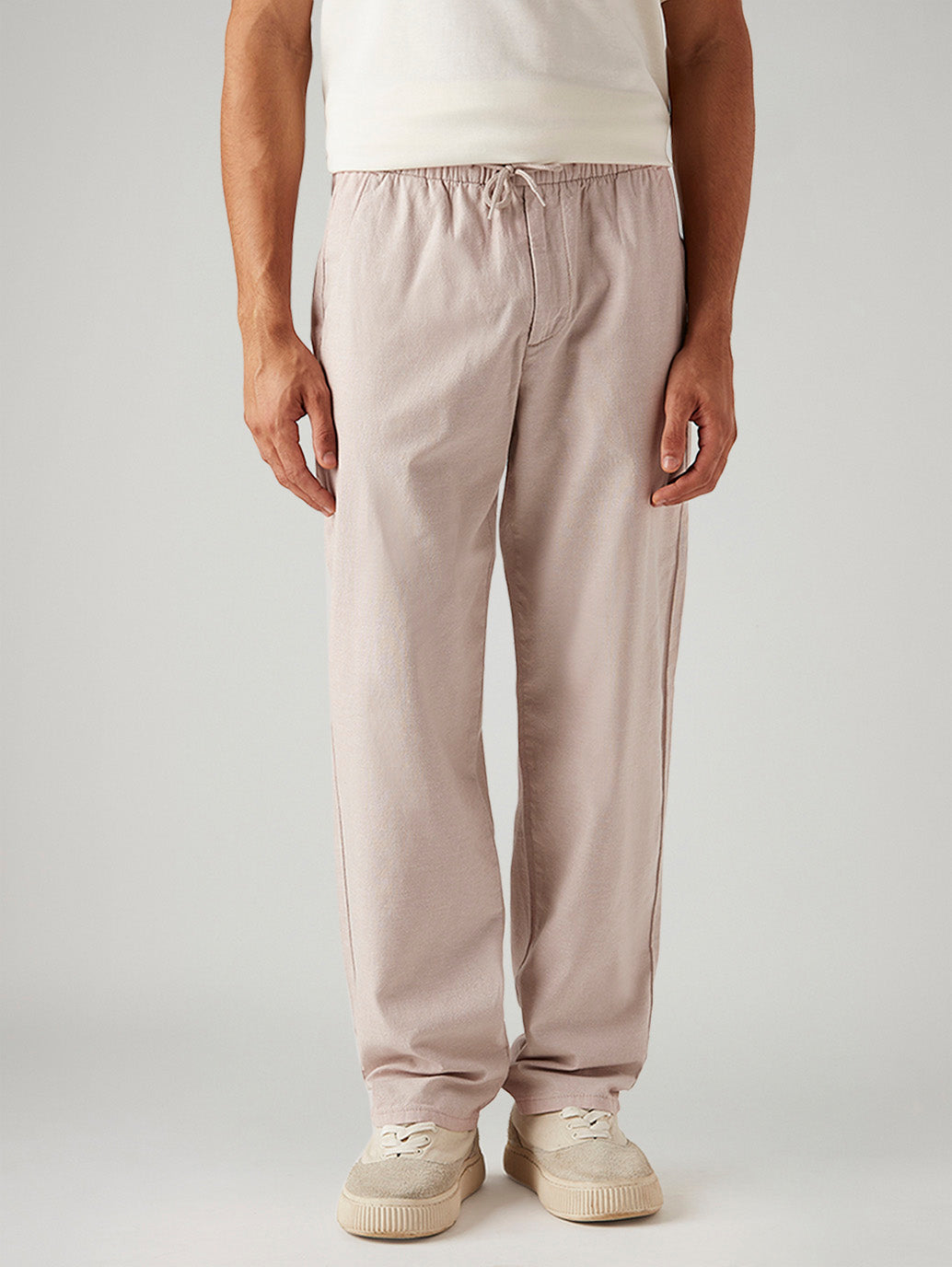 Men's Light Pink Loose Straight Fit Mid Rise Linen Chinos - Front View