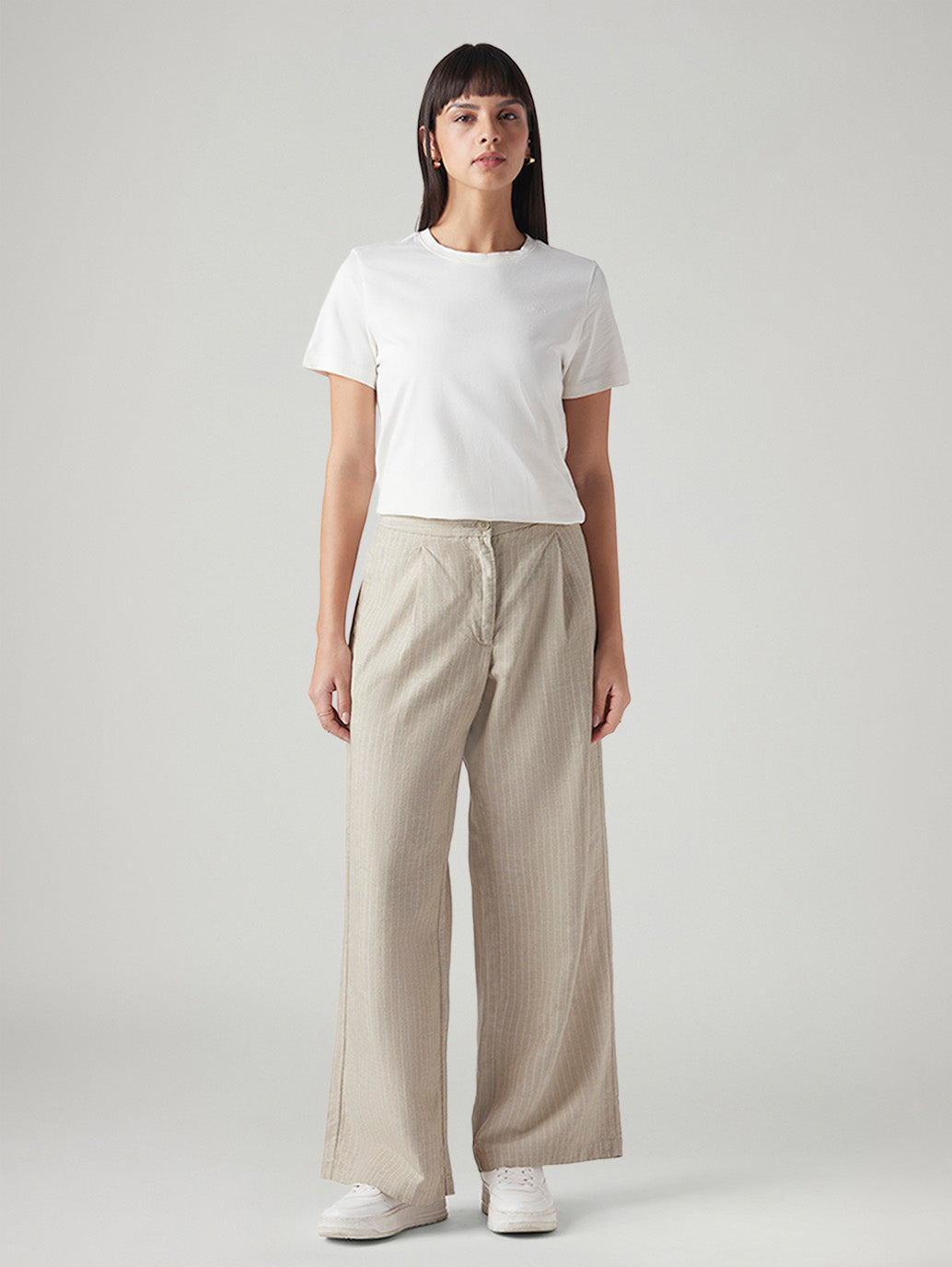 Women's Beige Straight Fit Mid Rise Trousers - Front View
