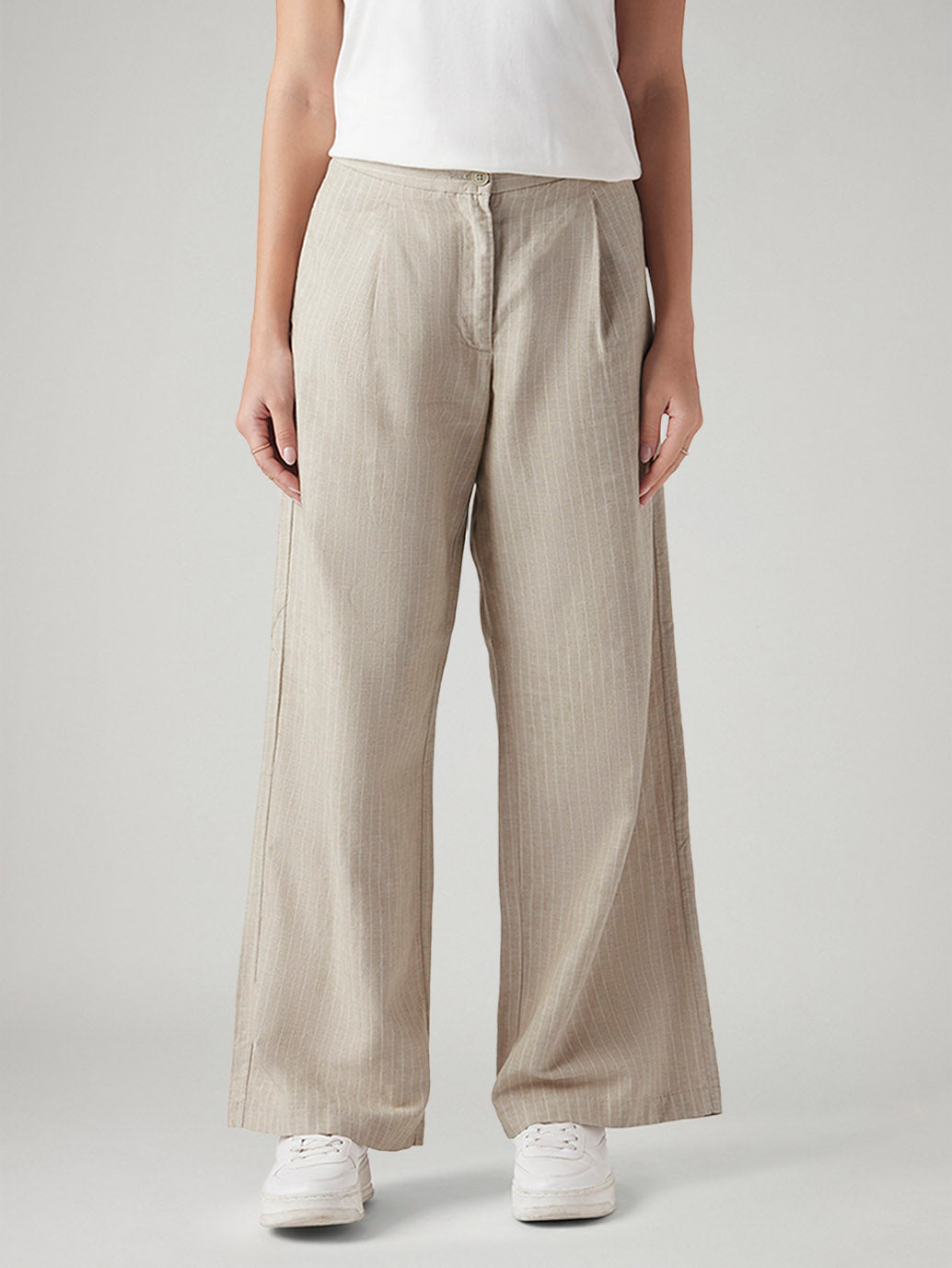Women's Beige Straight Fit Mid Rise Trousers - Front View