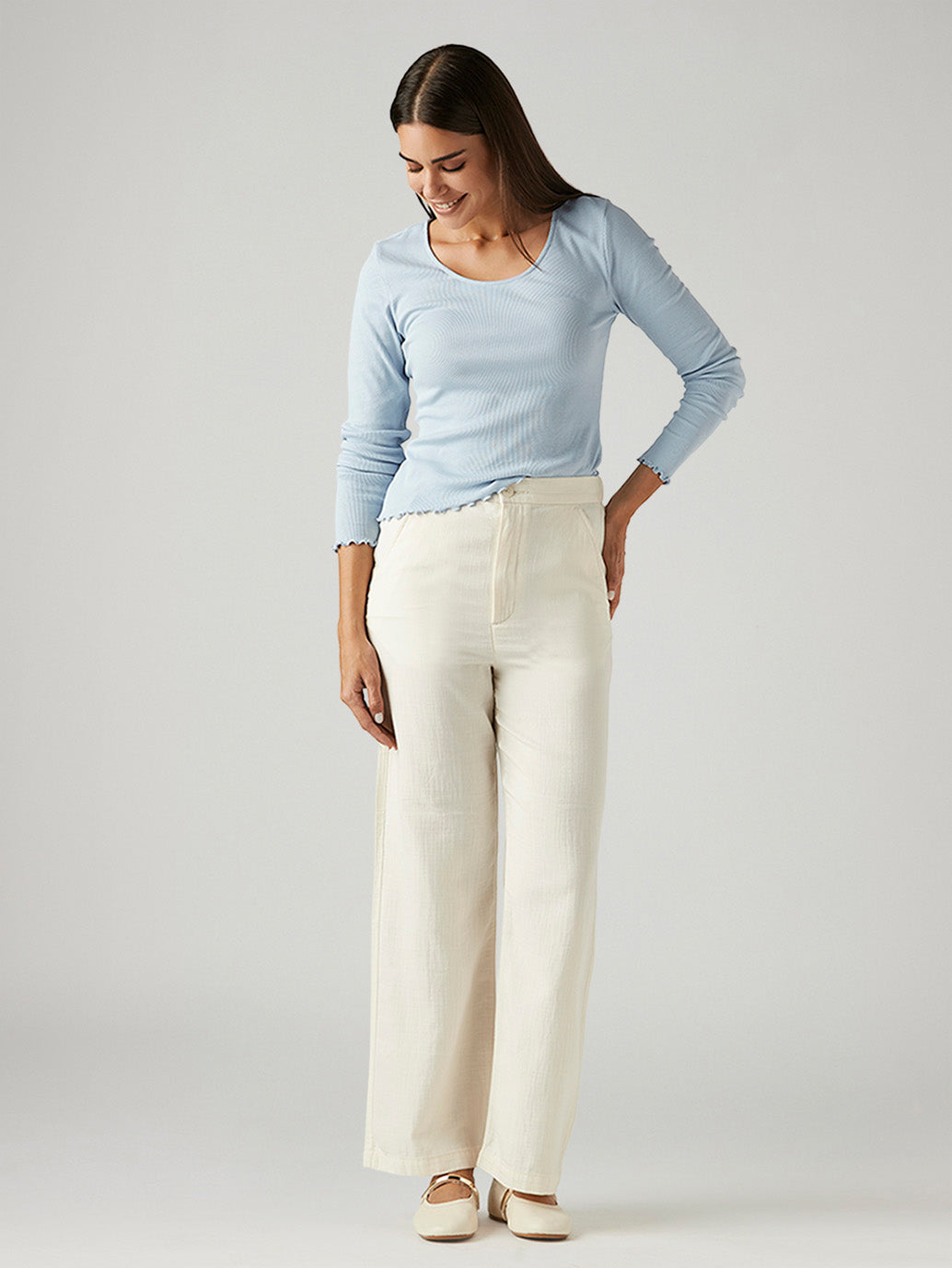 Women's Off White Loose Fit High Rise Trousers - Styleshot View