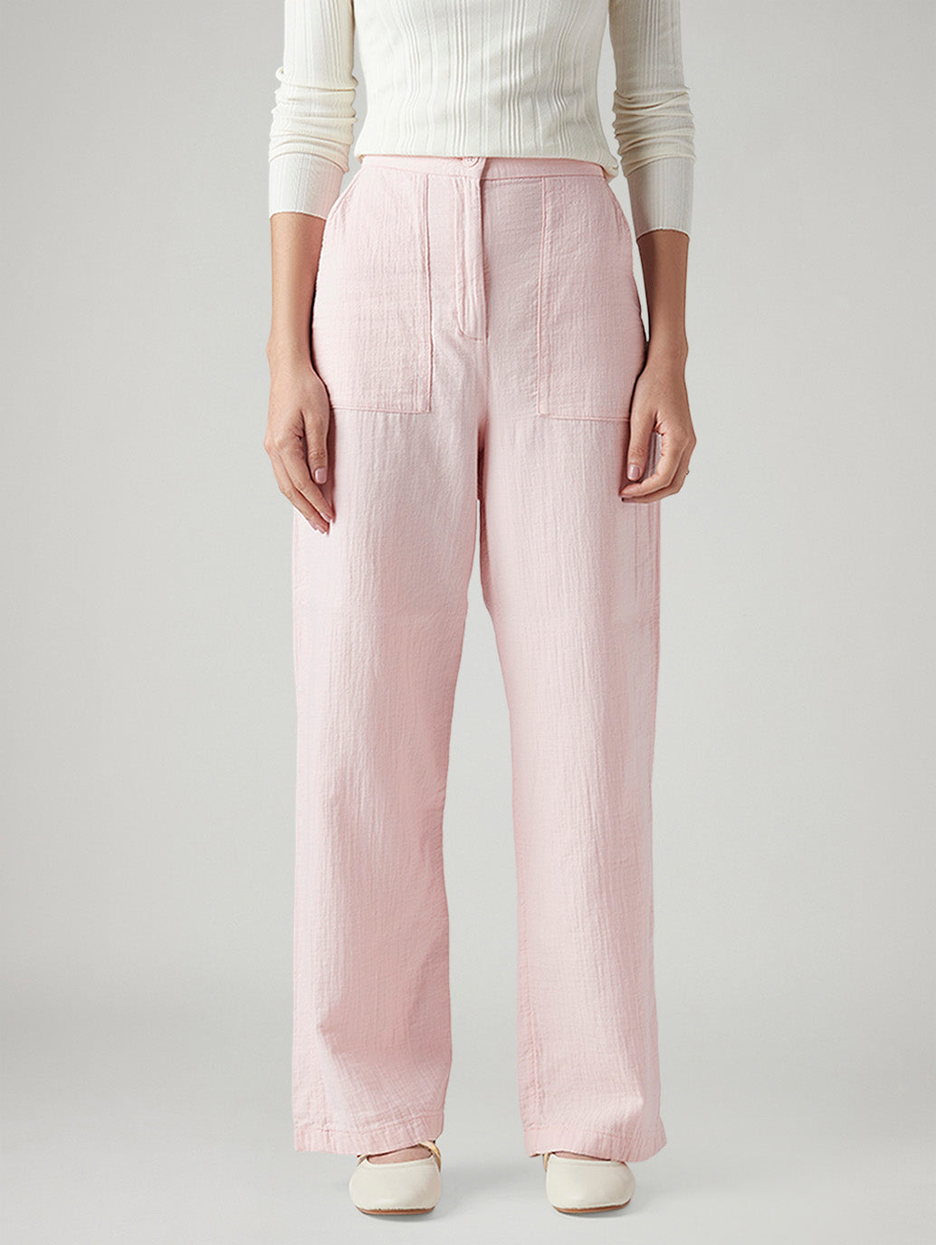 Women's Light Pink Loose Fit High Rise Cargos - Front View