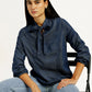 Women's Solid Blue Tie-Neck Top - Elevated View