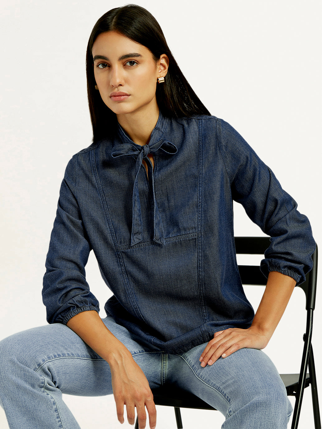 Women's Solid Blue Tie-Neck Top