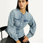 Women's Solid Blue Denim Jacket - Elevated View